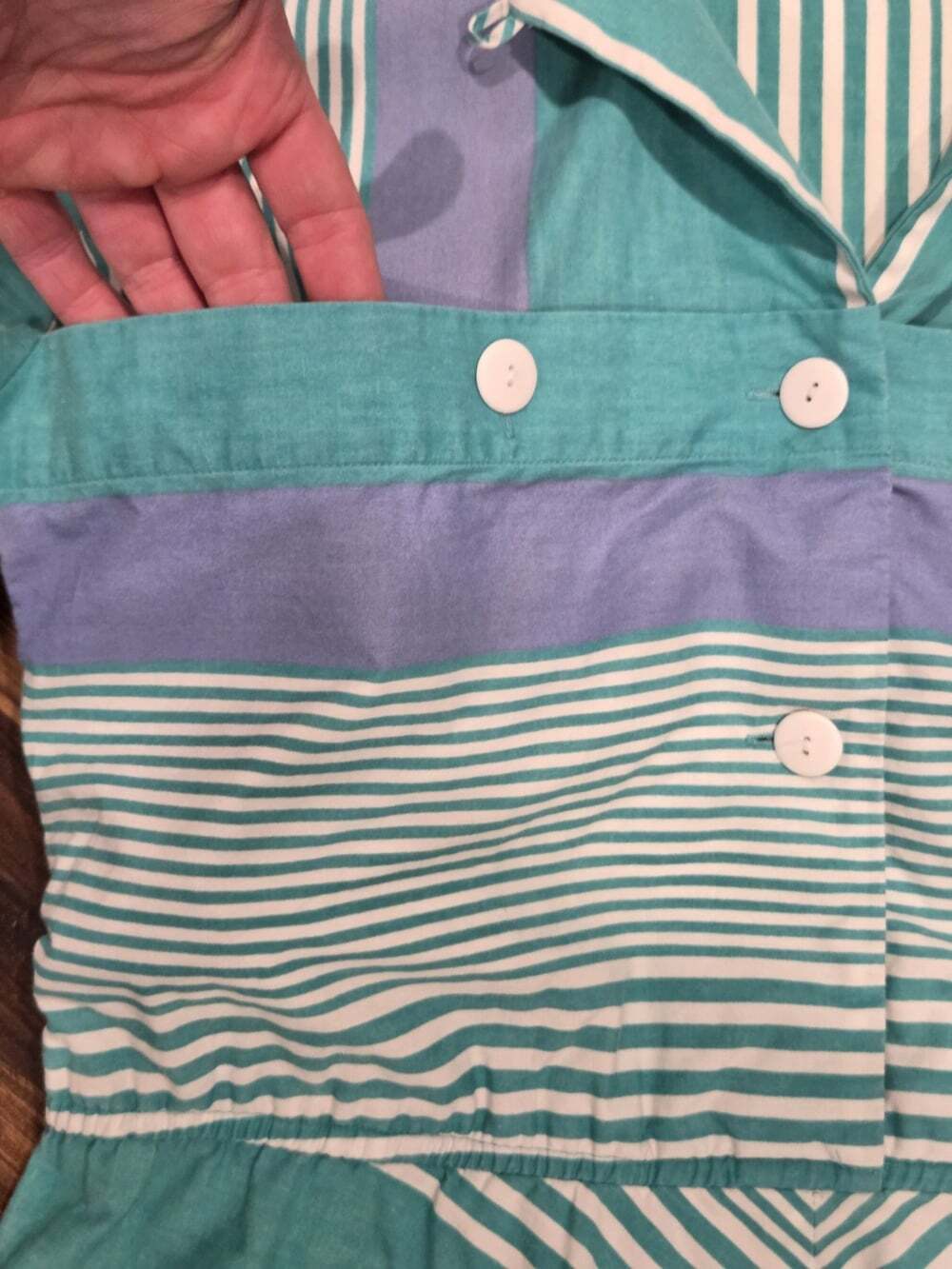 Vtg 80s Melissa Lane Striped Midi Dress Size 8 Teal Blue Chevron Pockets Cotton - Picture 6 of 14